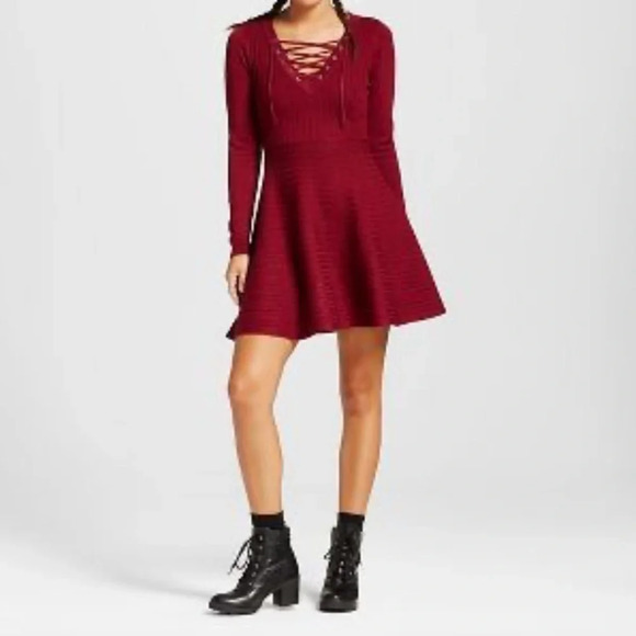 Xhilaration Dresses & Skirts - Xhilaration,S, horizontal/vertical ribbed, long sleeve sweater dress lace yoke